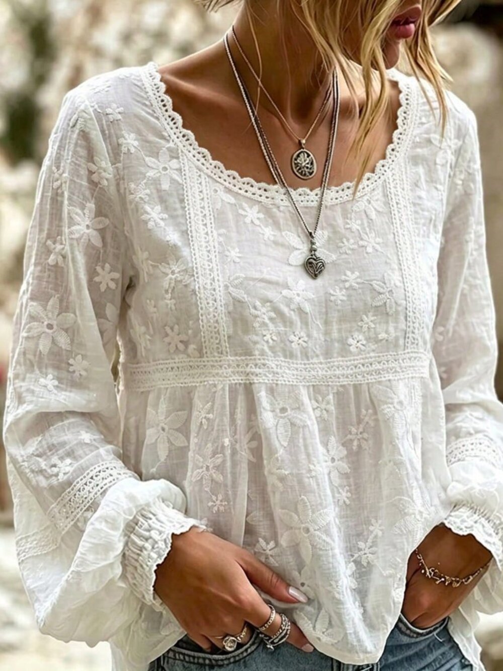 White Casual Women's Embroidered Flare Cuff French Sheer Blouse